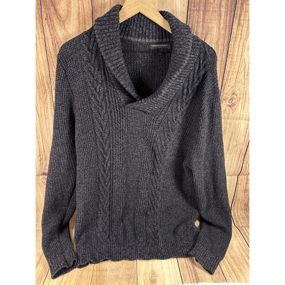 Banana Republic Sweater Mens Large Gray Collar Cable Knit Wool‎ Pullover Soft